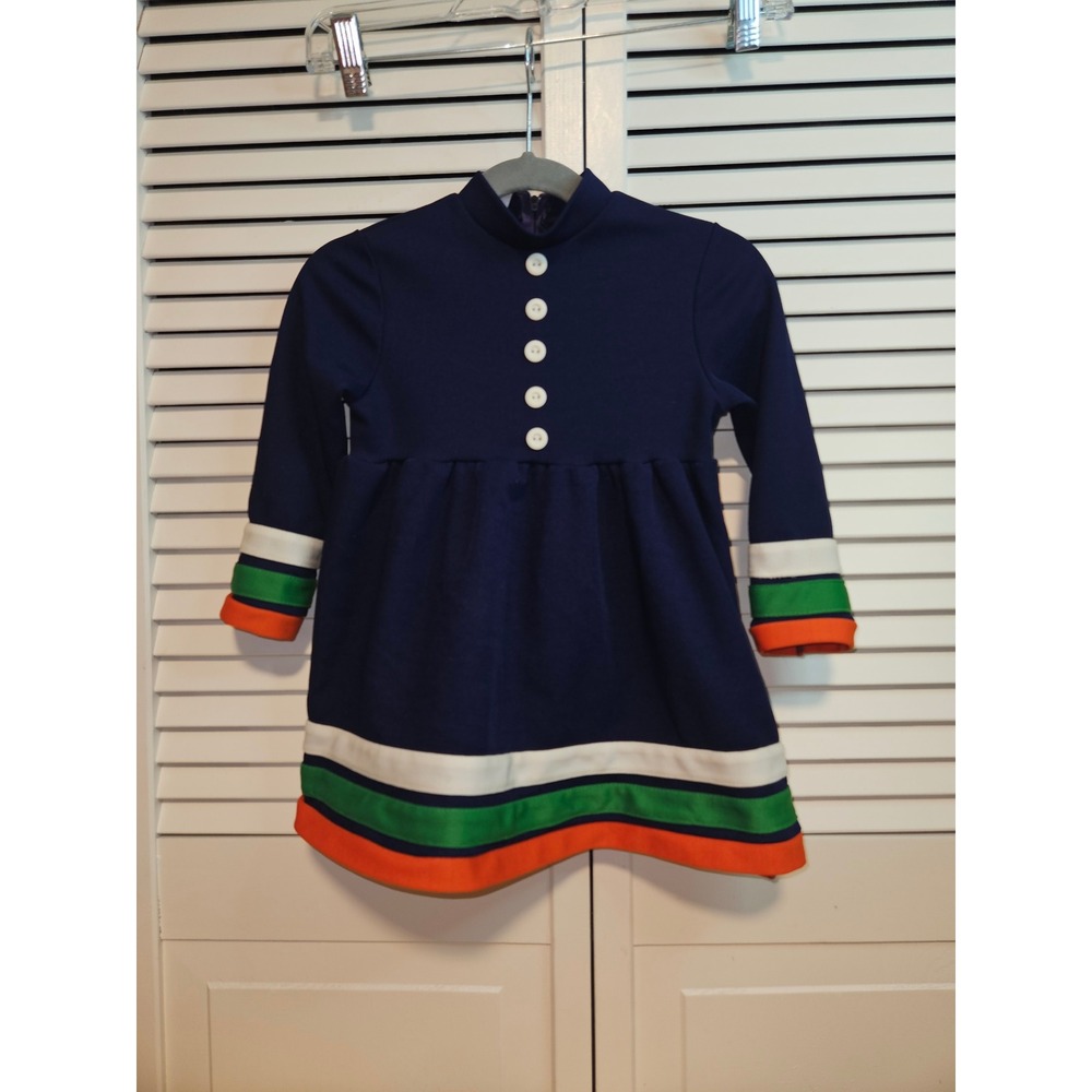 Vintage Carol Evans Penneys Navy Blue Mod Striped Long Sleeve Dress Size 4